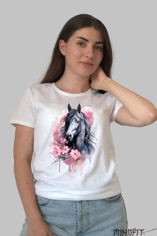 Tricou cu Cal Primavaratic dama alb fata