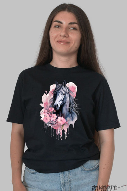 Tricou cu Cal Primavaratic dama negru fata