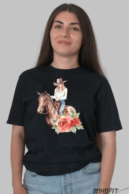 Tricou cu Cal si Calareata dama negru fata