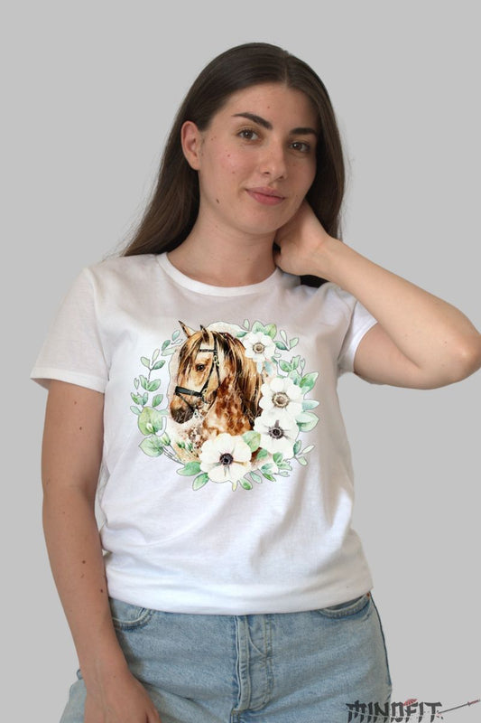 Tricou cu Cal si Flori Albe dama alb fata