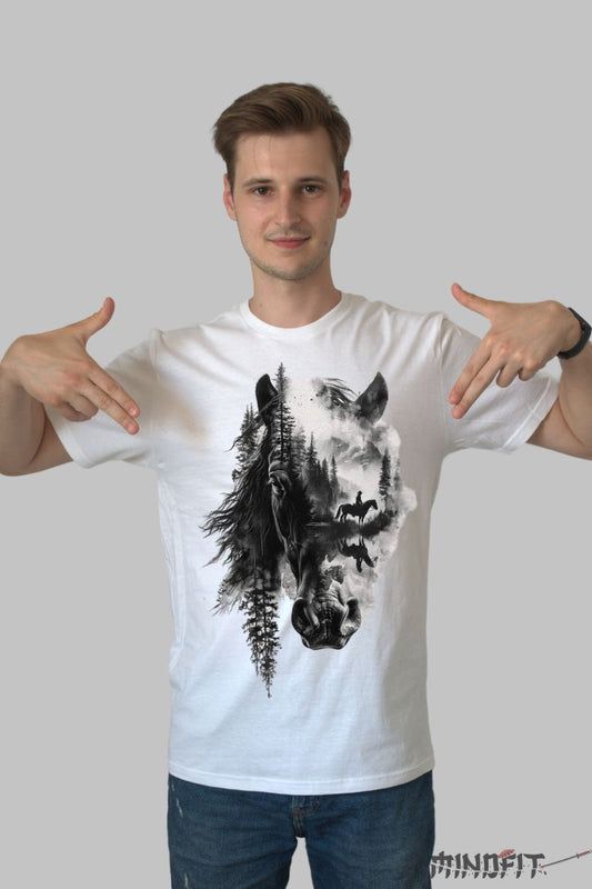 Tricou cu Cal si Peisaj Montan barbat alb fata