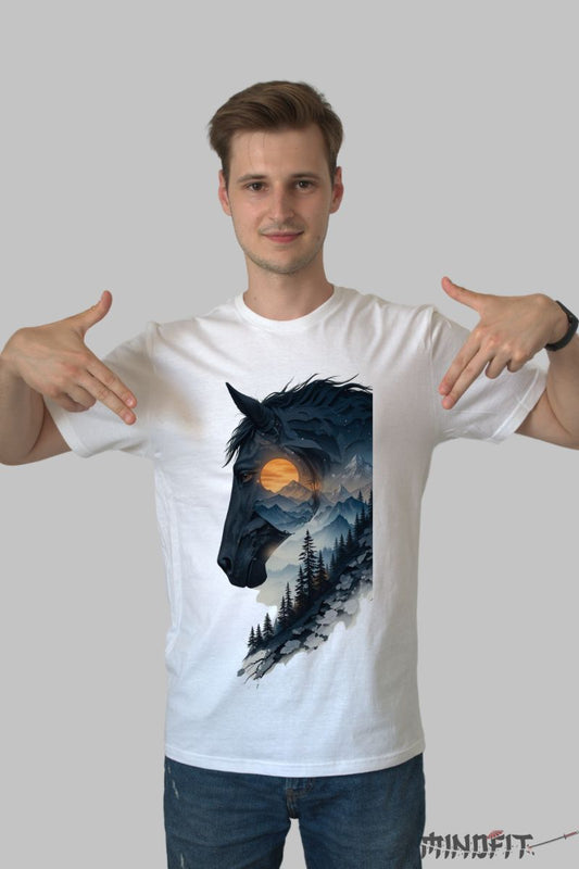 Tricou cu Cal si Peisaj Nocturn barbat alb fata