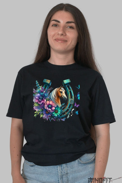 Tricou cu Cal si Potcoava dama negru fata