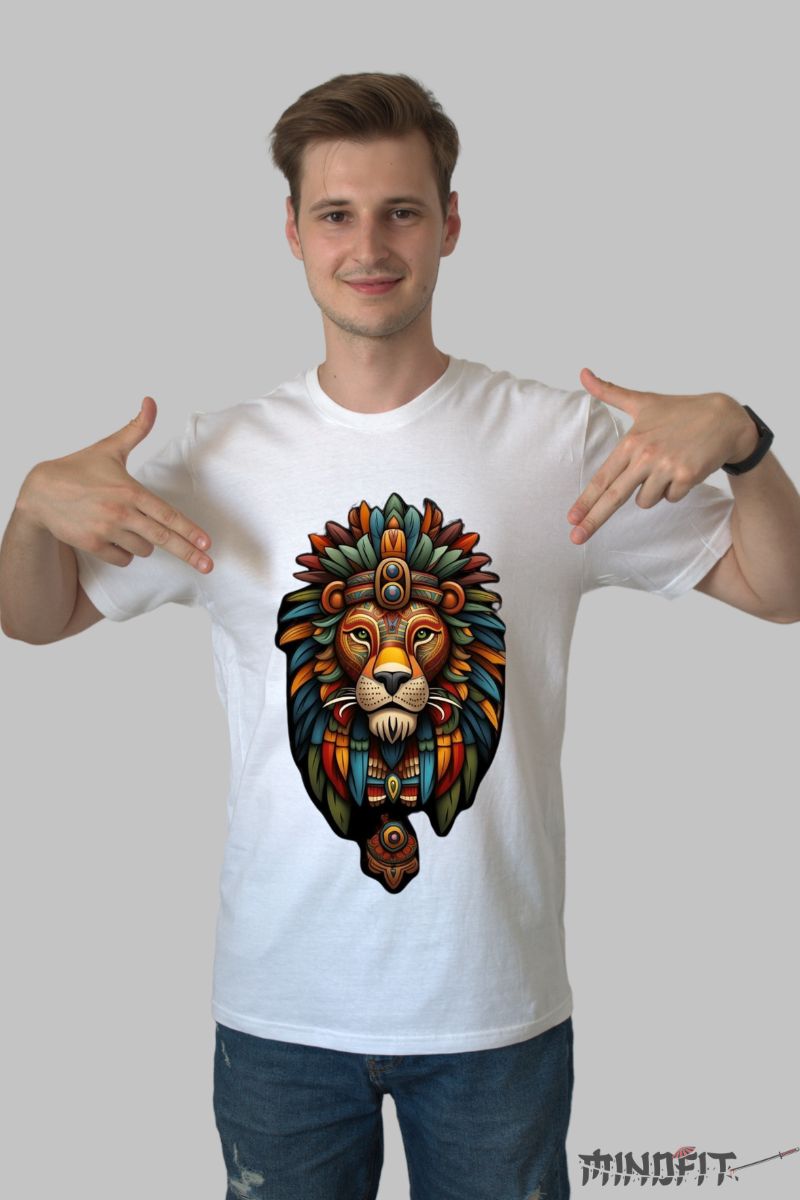 Tricou cu Cap de Leu barbat alb fata