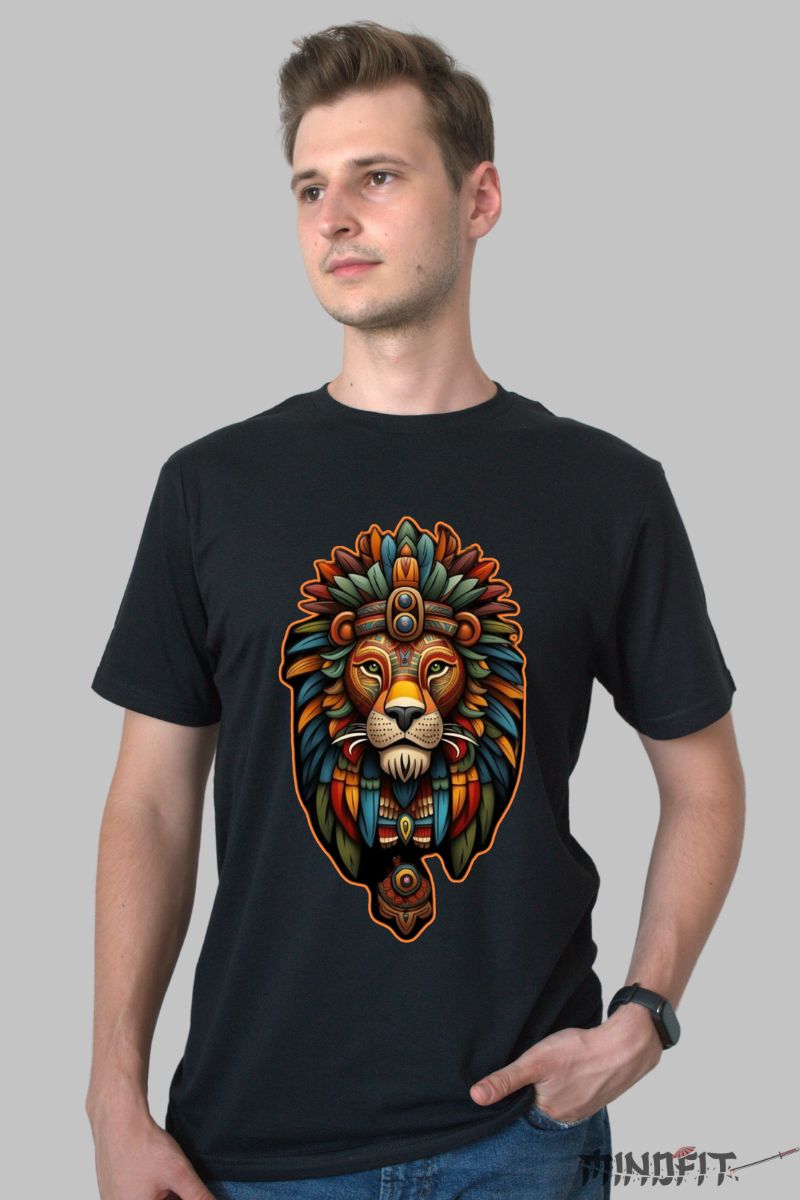 Tricou cu Cap de Leu barbat negru fata