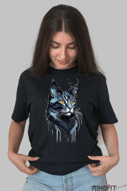 Tricou cu Cap de Pisica dama negru fata