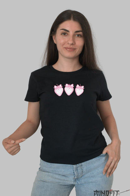 Tricou cu Capsuna dama negru fata 2