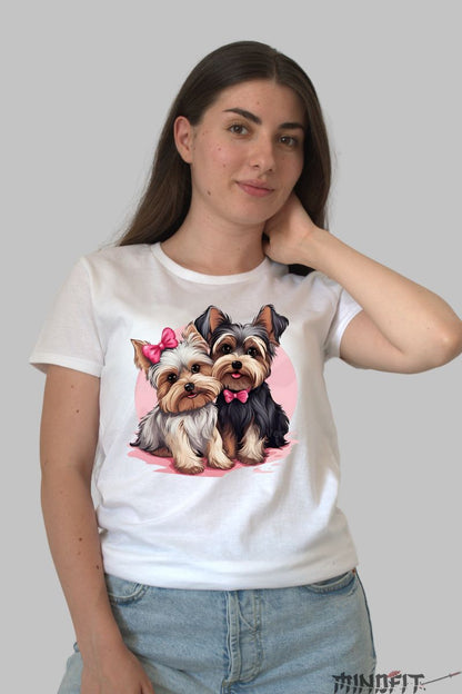 Tricou cu Catei Cute dama alb fata