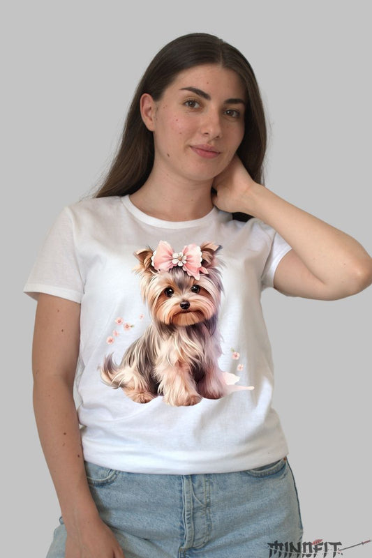 Tricou cu Catel Pufos dama alb fata