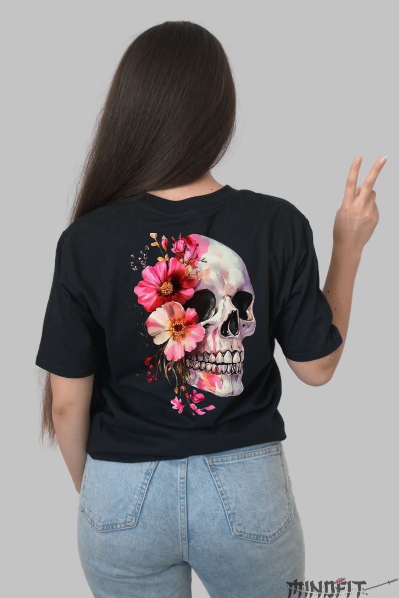 Tricou cu Craniu Colorat dama negru spate