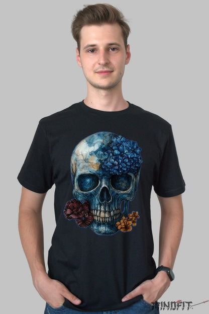 Tricou cu Craniu si Flori barbat negru fata