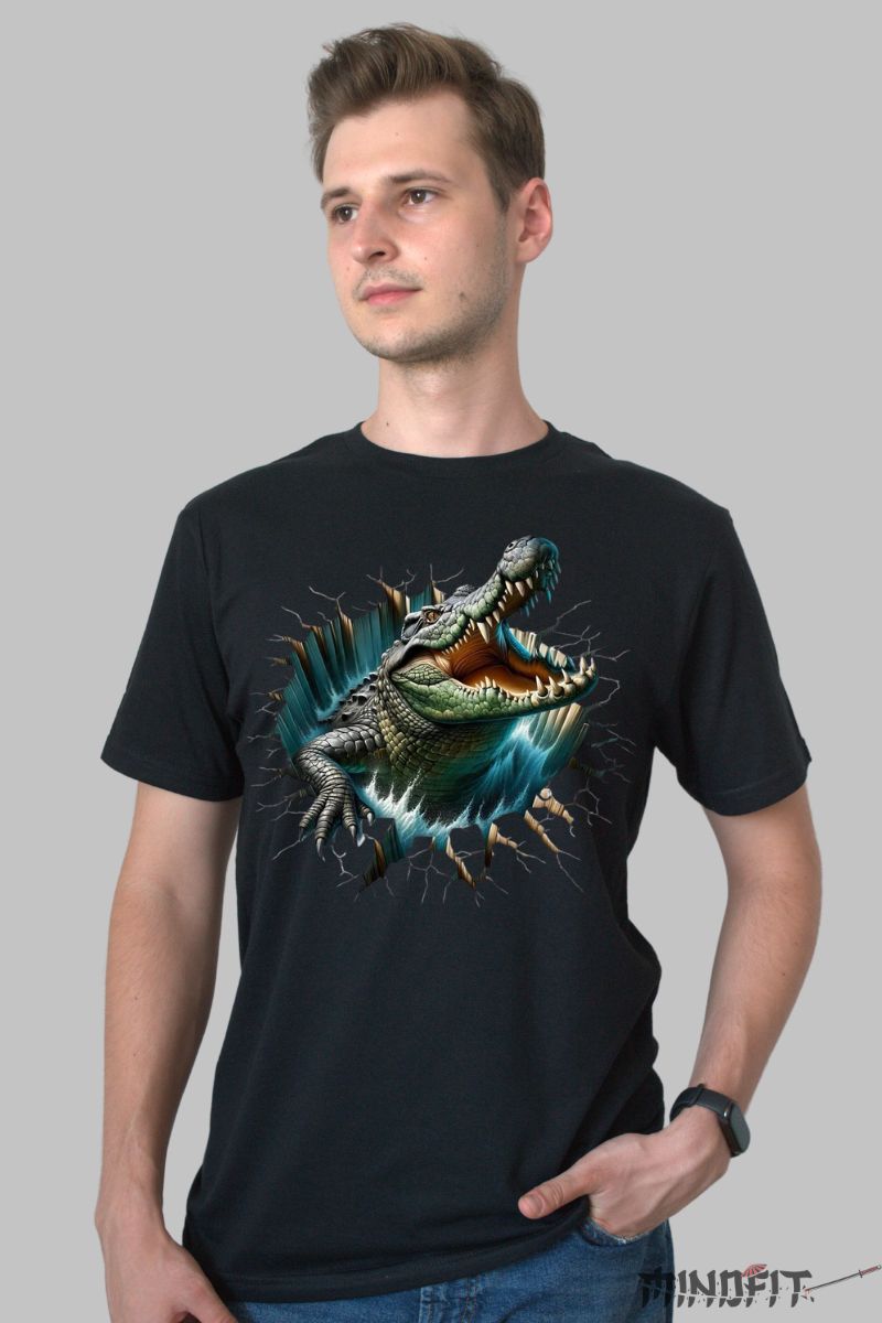 Tricou cu Crocodil Feroce barbat negru fata