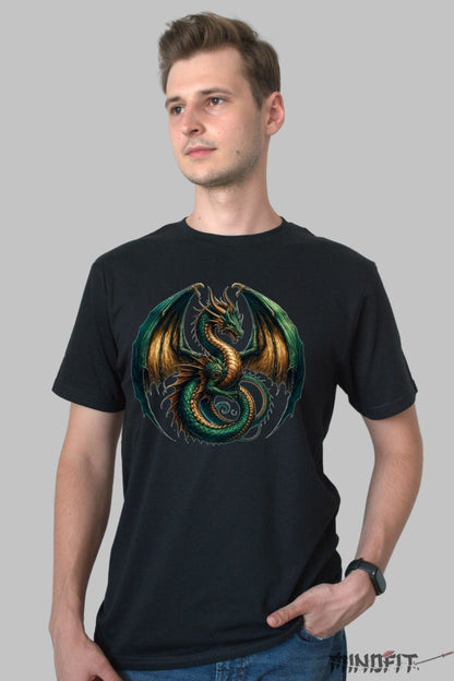 Tricou cu Dragon Verde barbat negru fata