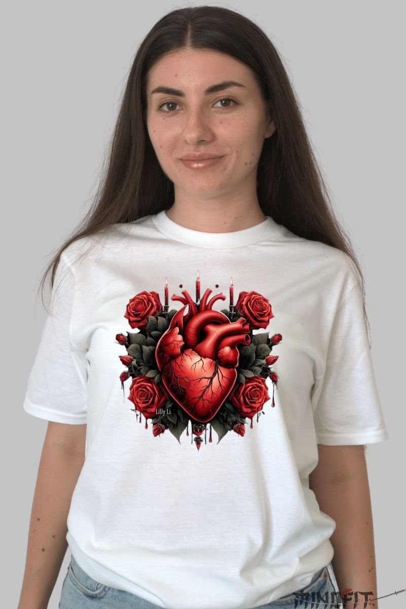 Tricou cu Inima Rosie dama alb fata