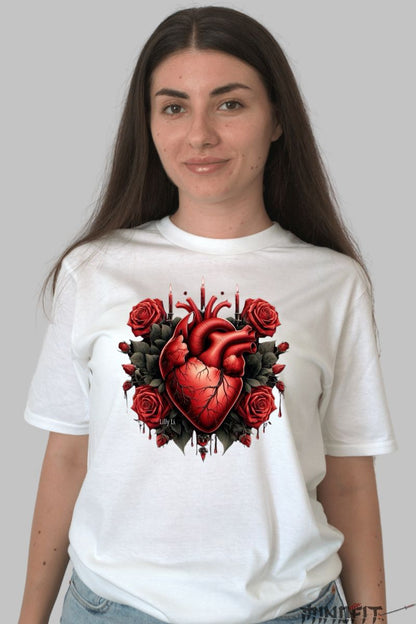 Tricou cu Inima Rosie dama alb fata