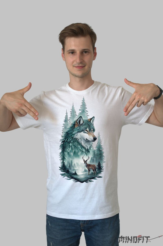 Tricou cu Lup Singuratic barbat alb fata