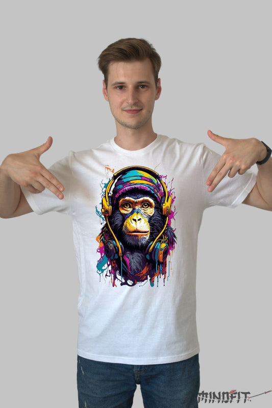 Tricou cu Maimuta Multicolora barbat alb fata
