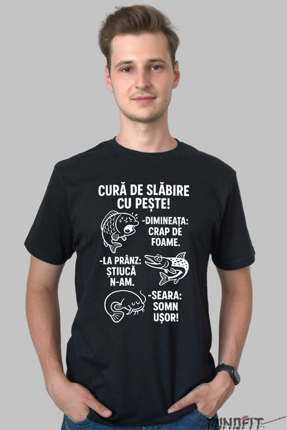Tricou cu Mesaj Amuzant Cura de Slabire barbat negru fata