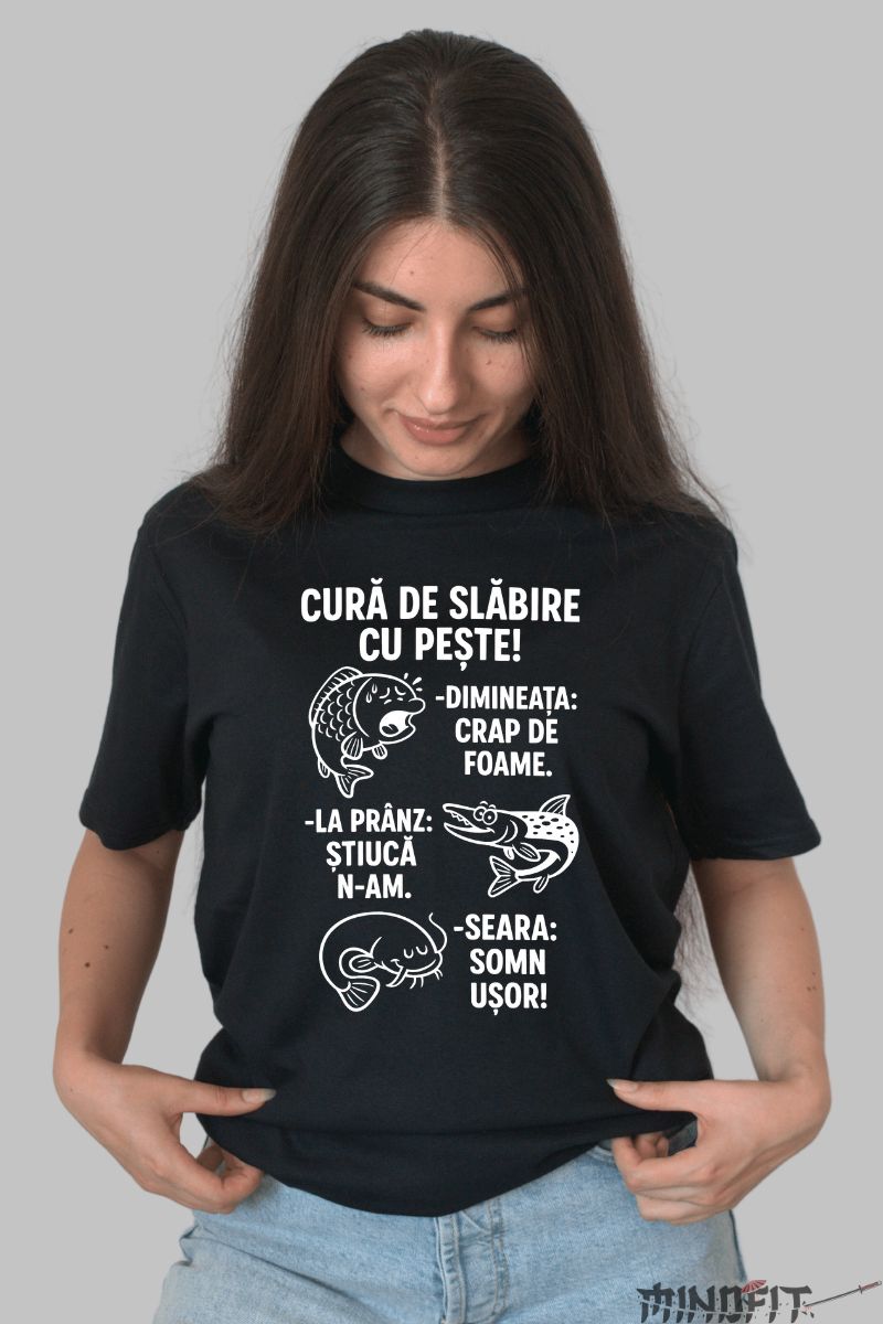 Tricou cu Mesaj Amuzant Cura de Slabire dama negru fata