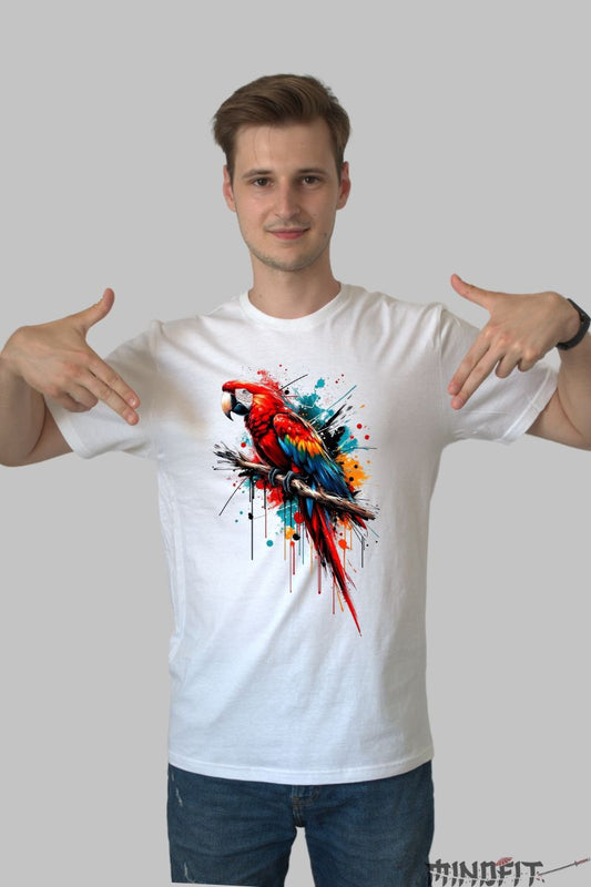 Tricou cu Papagal Vibrant barbat alb fata
