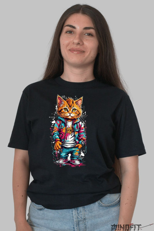 Tricou cu Pisica 3D Cool dama negru fata