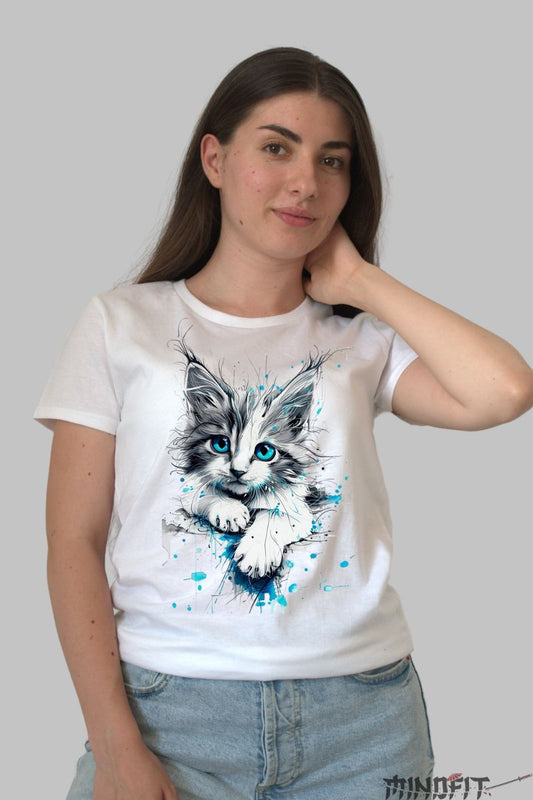 Tricou cu Pisica Cute dama alb fata