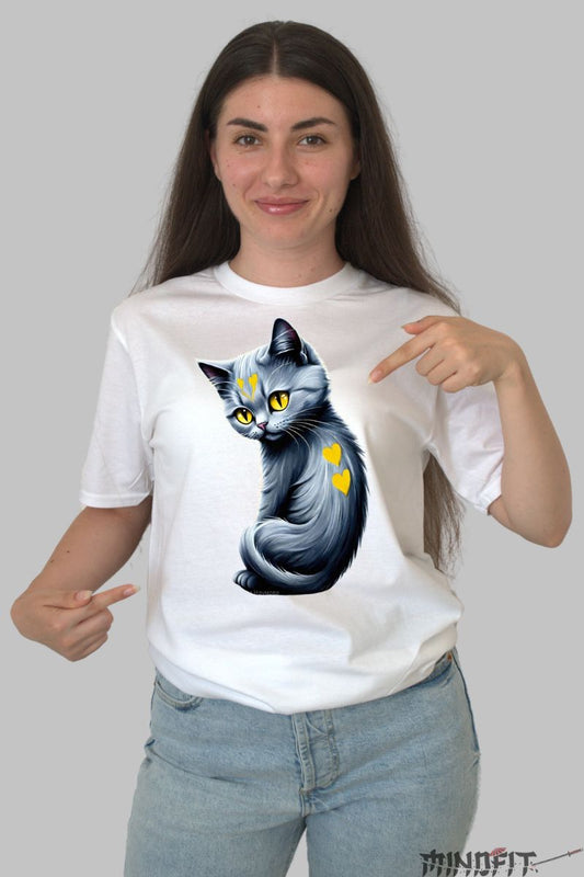 Tricou cu Pisica Draguta dama alb fata
