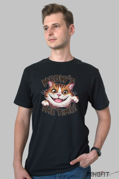Tricou cu Pisica Fericita "Meow's The Time!" barbat negru fata