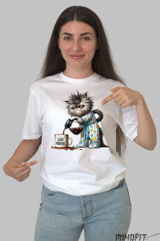 Tricou cu Pisica "Good Morning" dama alb fata