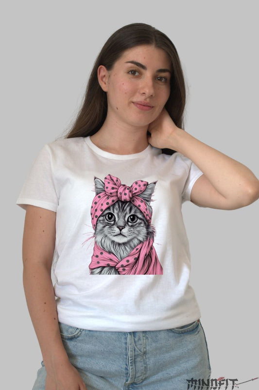 Tricou cu Pisica Gri Cute dama alb fata