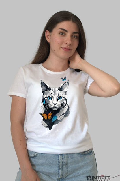 Tricou cu Pisica Gri dama alb fata