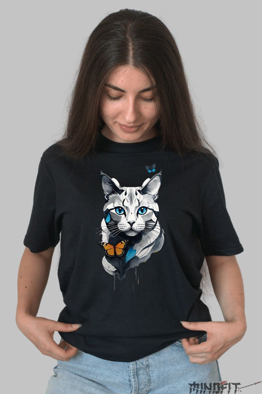 Tricou cu Pisica Gri dama negru fata