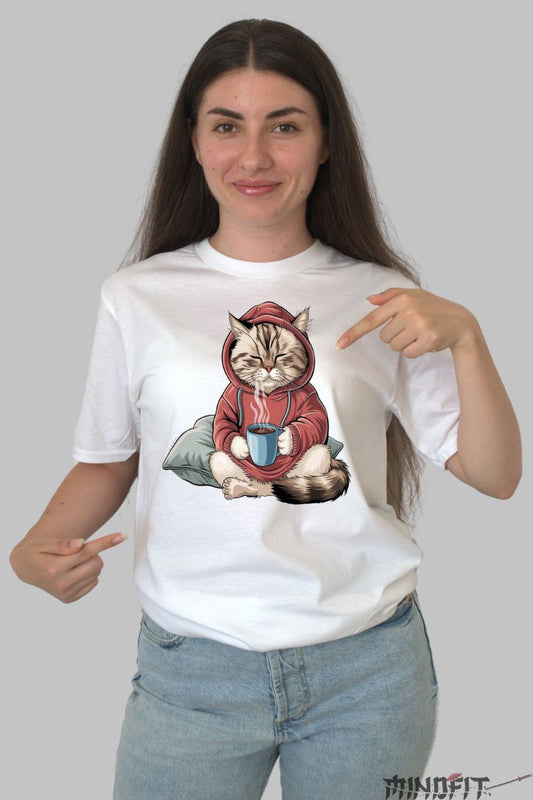 Tricou cu Pisica Lenesa dama alb fata