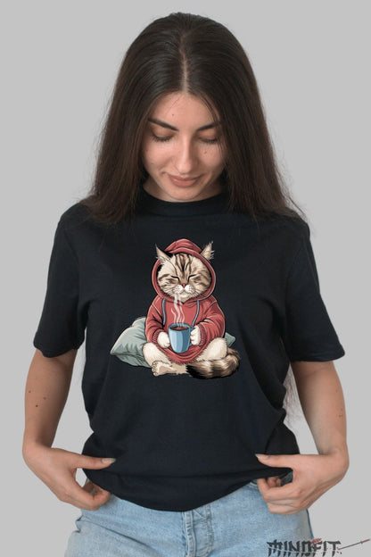 Tricou cu Pisica Lenesa dama negru fata