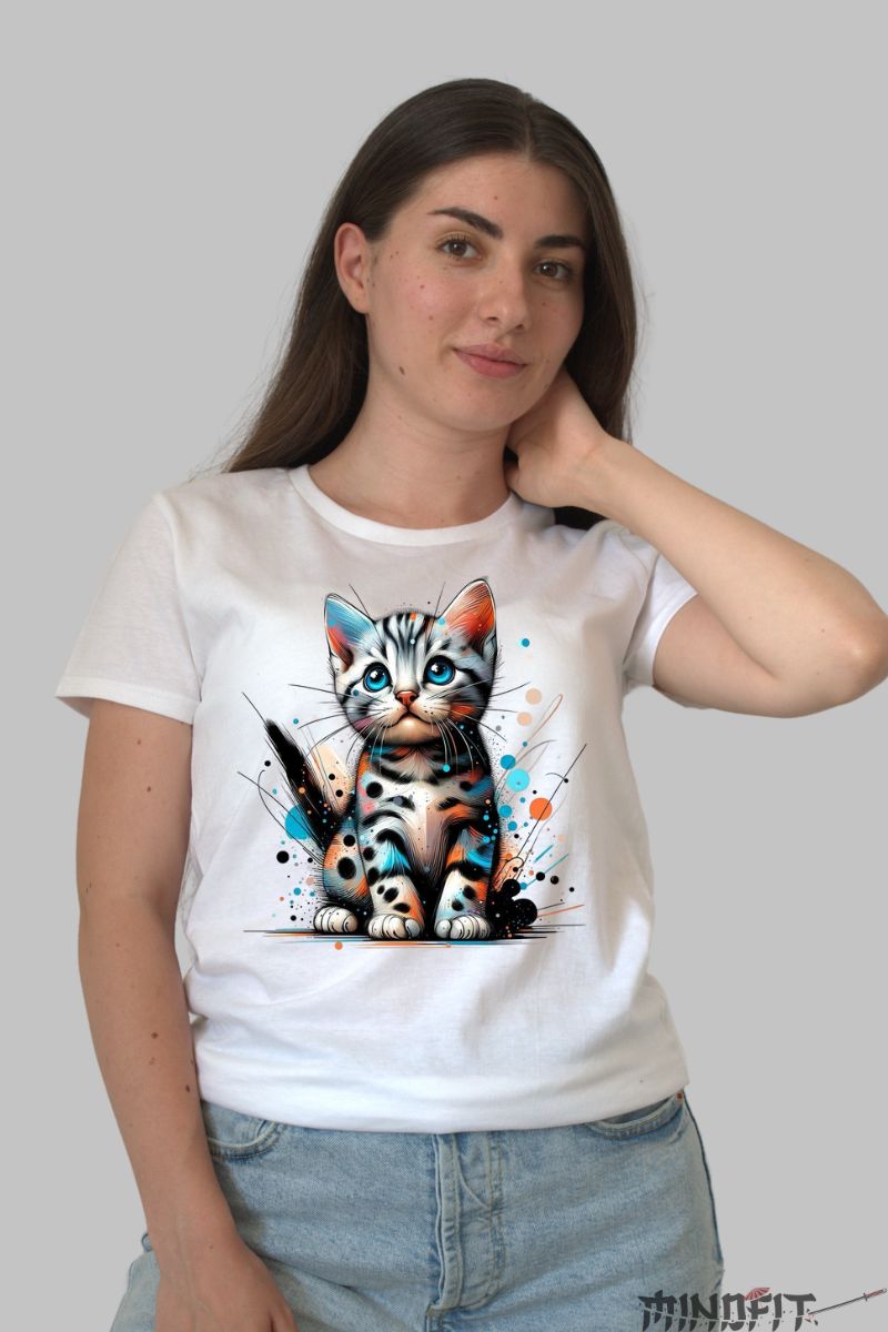Tricou cu Pisica Miau Multicolora dama alb fata