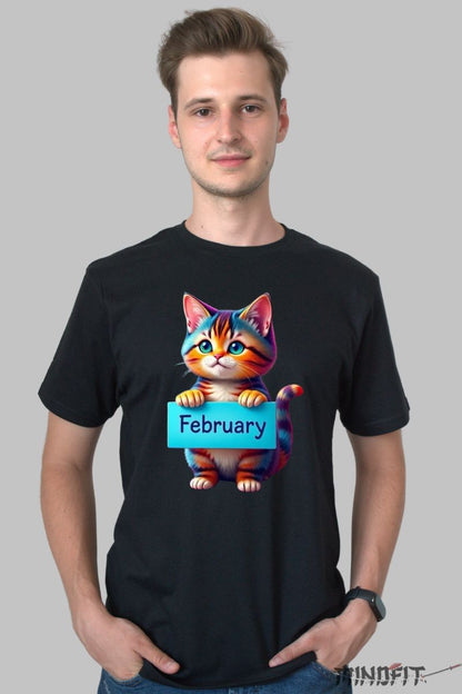 Tricou cu Pisica Multicolora "February" barbat negru fata