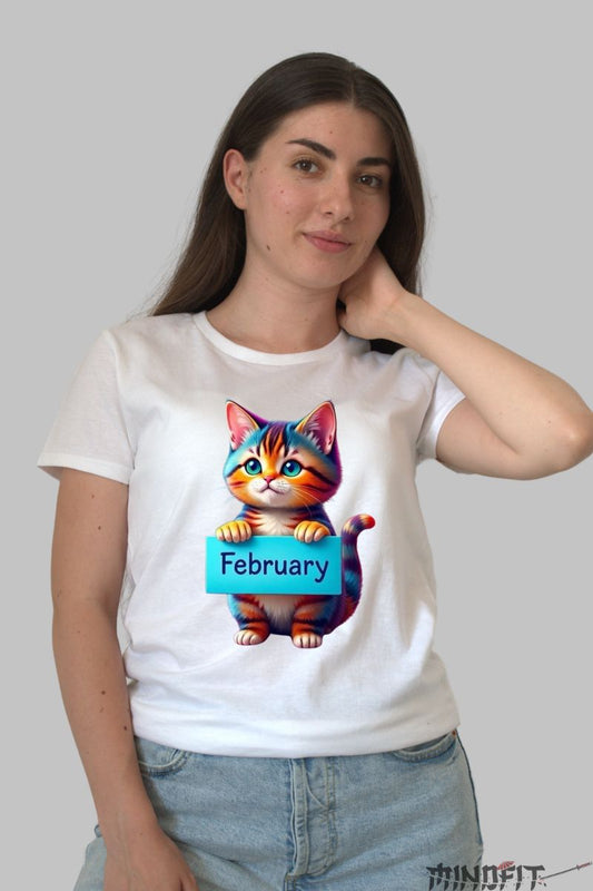 Tricou cu Pisica Multicolora "February" dama alb fata