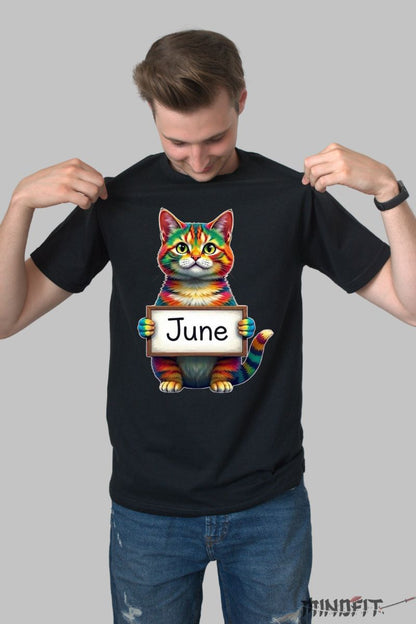 Tricou cu Pisica Multicolora "June" barbat negru fata