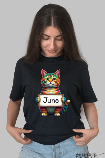 Tricou cu Pisica Multicolora "June" dama negru fata