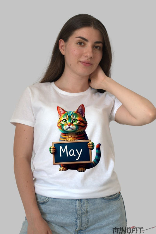 Tricou cu Pisica Multicolora "May" dama alb fata