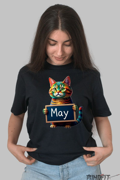Tricou cu Pisica Multicolora "May" dama negru fata