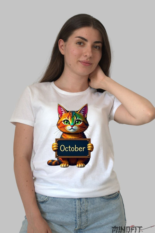 Tricou cu Pisica Multicolora "October" dama alb fata