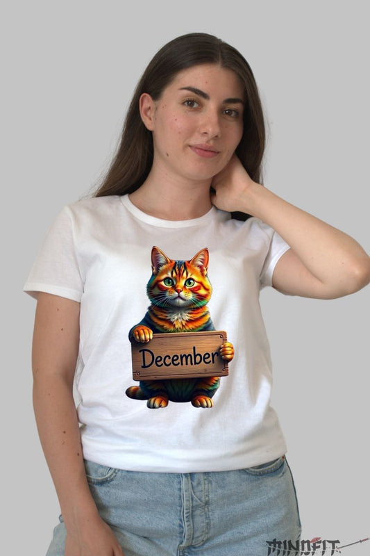 Tricou cu Pisica Multicolora "December" dama alb fata