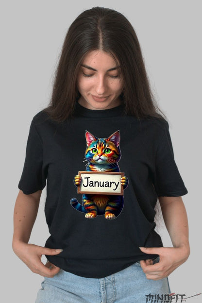 Tricou cu Pisica Multicolora "January" dama negru fata
