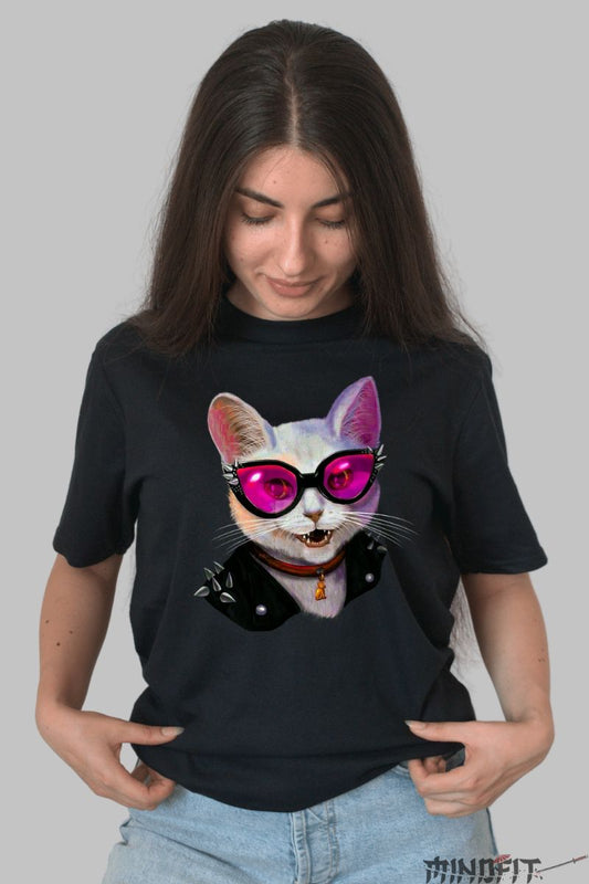 Tricou cu Pisica Rock and Roll dama negru fata