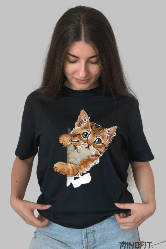 Tricou cu Pisica Simpatica Portocalie dama negru fata