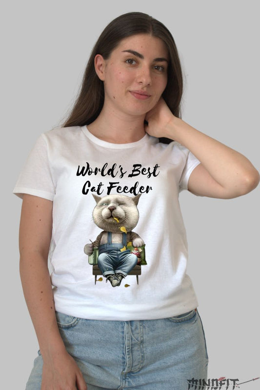 Tricou cu Pisica "World's Best Cat Feeder" dama alb fata