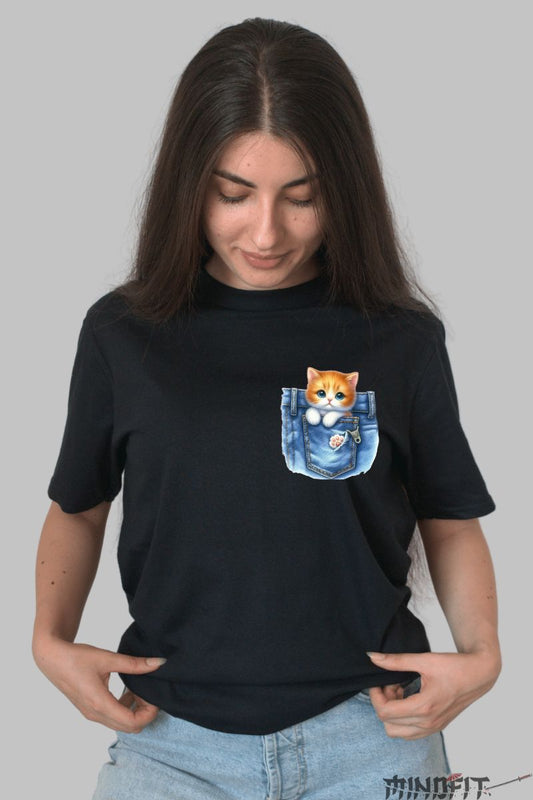 Tricou cu Pisica in Buzunar de Jens dama negru fata 1