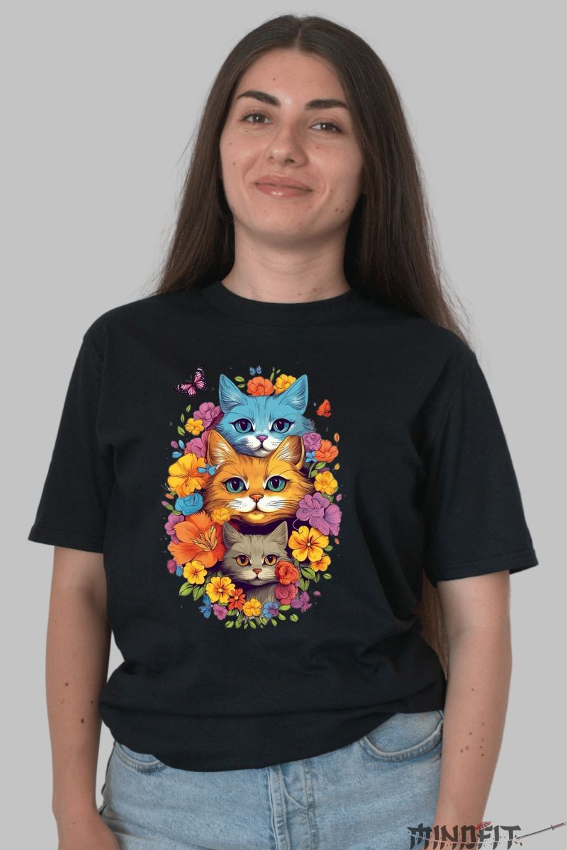 Tricou cu Pisici 3D Spring Vibes dama negru fata