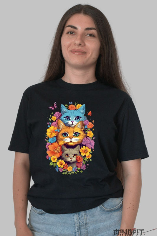 Tricou cu Pisici 3D Spring Vibes dama negru fata